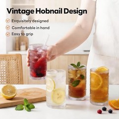 Large Hobnail Drinking Glasses Set of 6, 16oz Clear Highball 6Pack 16oz Clear