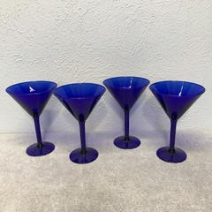 Vintage Cobalt Blue Martini Glasses Set of 4 V-Shape Stemware MCM Cocktail 7″