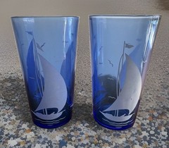 Vintage Hazel-Atlas Cobalt Blue/White Sailboat Glasses 8 oz Pair of 2 – 4.75”