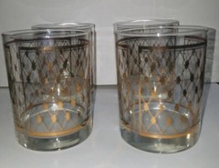 Set of 4 Georges Briard Double Old Fashioned Glass Gold Lattice Diamond Pattern