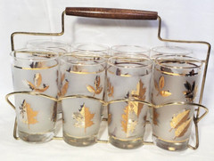 Libbey Golden Foliage an Frosted White Glasses with Brass Caddy Rack Autumn VGT