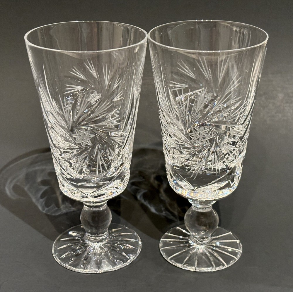 Set of 2 Hand Blown Cut Glass Crystal Hobstar and Pinwheel Cordial Glasses 4.5″
