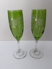Green Champagne Flutes with Clear Stem Etched Asian Etchings Glasses Set Of 2