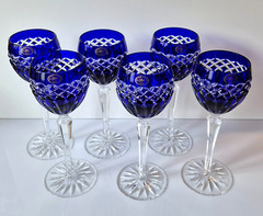 SIX AJKA CADESSIA COBALT BLUE CASED LEAD CRYSTAL WINE GLASSES, 8,5″, MARKED