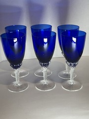 Colony Cobalt Blue Pirouette Twisted Clear Stem Wine Water Goblet Glasses 6