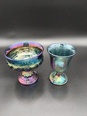 Vintage Blue Carnival Glass UV Glow 2pc Lot Kings Crown Compote & Grape Goblet