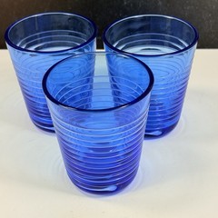 Set 3 Conga Flat Tumbler Villeroy Boch 8 Oz BLUE Embossed White Rings 4 1/8″ HTF