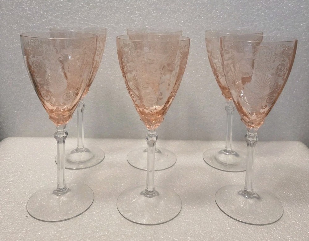Vintage Fostoria Versailles Set Of 6 Pink (Rose) Etched Water Goblet 8 1/4″H
