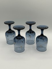 Vtg Hand Blown Smokey Blue Glass Dogwood Flower Water Wine Glass – Set of 4