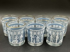 7 Vtg Hazel Atlas Blue & White Egyptian Hieroglyphs 3.5″ Low Highball Glasses
