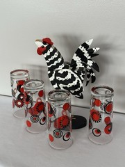 4 Vintage Italian Cerve MCM Red & Black Retro Glass Tumblers | Geometric Design
