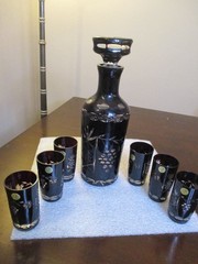 Deep Ruby Red Cut To Clear Crystal Decanter & 6 Shot Glasses Grapes Poland CHIP