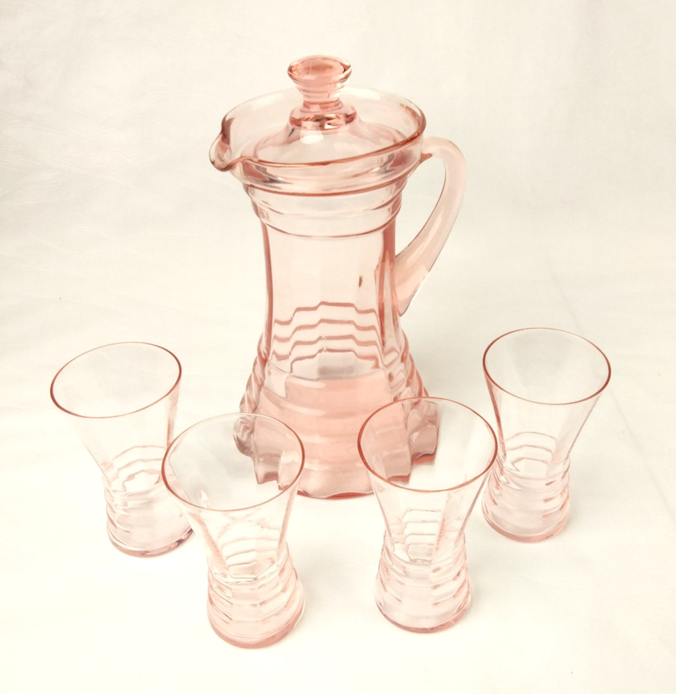 Dunbar Flint Glass Co. Art Deco Lidded Pitcher4 Tumblers Pink Depression Glass