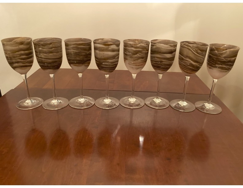 VINTAGE SET OF 8 STEVEN MASLACH EARTH ART GLASS WINE GOBLETS SIGNED & DATED MINT