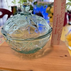 Vintage Aqua Pressed Glass Candy Dish w Lid Floral Mid Century Bowl USA