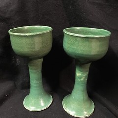 Studio Art Pottery Holiday Green Glaze Wine Water Goblet SIGNED