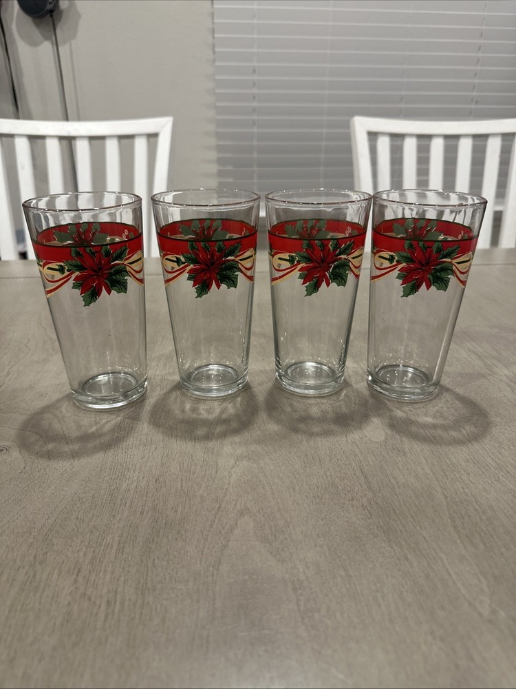 Set of 4 Poinsettia Christmas Drinking Glasses 12oz Heavy Glass KIG