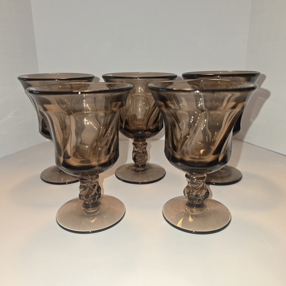 Vtg Fostoria Jamestown Smoke Brown Swirl Cordial Liqueur Glasses Set of 5 4″