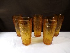 Set of 5 Indiana Tiara Amber Glass Sandwich Tumblers 6 3/8″ Tall