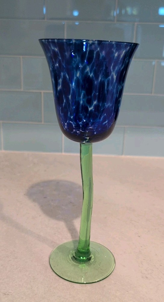 Royal Danube Art Glass Blue Confetti Long Green Stem Tulip Wine Glass 💙💚
