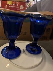 2 Anchor Hocking Cobalt Blue Fountain Ware Sundae Scallop Goblets Glasses