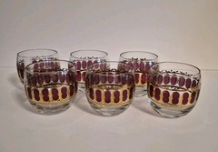Vintage Culver Cranberry Gold Scroll Glasses 6 Piece
