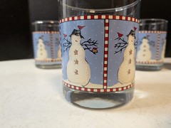 Vtg Anchor Hocking Debbie Mumm Snowman Set 4 Rocks Glasses 4” Blue White 1998