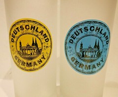 Pair of Frosted Blue & Yellow Logo DEUTSCHLAND GERMANY Drinking Glasses 5-1/2″