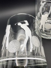 2 Vtg Golf Themed Frosted Golfer Silhouettes & Balls 12 Oz Rocks/Lowball Glasses