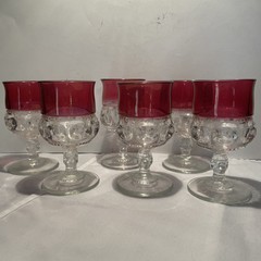 SET OF 6 King’s Crown Ruby Red Flash Thumbprint Water/Wine Goblets 5.5″ Vintage