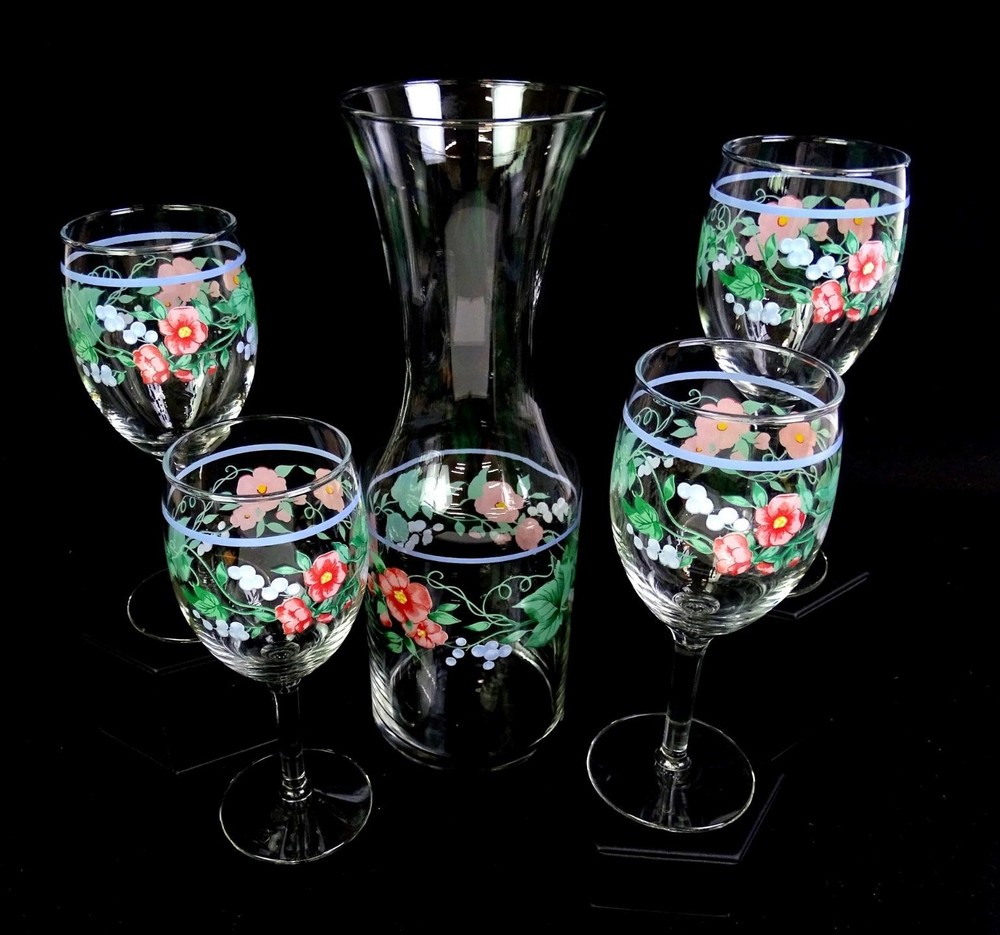 Ranmaru Japanese Glass Kensington Floral Grapes 5pc 10.75″ Carafe & Glasses 1970