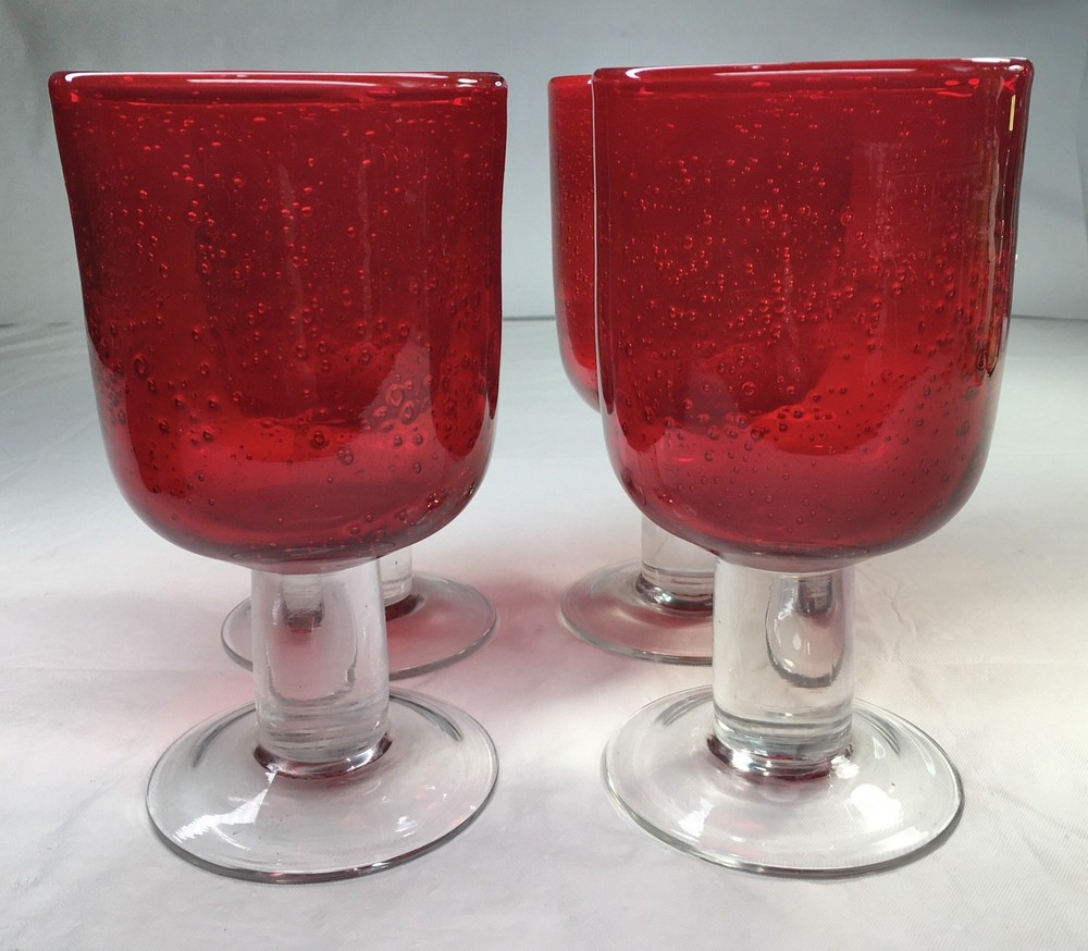 Ruby Red Seed Bubble Goblets With Clear Thick Stem 6-5/8″ Tall Vintage Lot Of 4