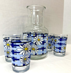 Vintage 1980’s KIG Indonesia Blue & White Daisy Carafe 4 Juice Glasses Cottage