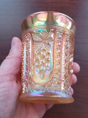 Electric Marigold Intaglio Cherry Terry Crider Art Glass Carnival Glass Tumbler