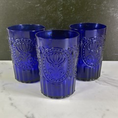 3 Cobalt Blue Glass Tumbler Fleur De Lis 4.5″ Raised Design