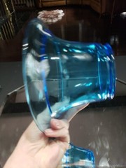 Flared Bowl CANDY DISH & LID 6″ Turquoise Aqua Blue Peacock Glass vtg UV Glow