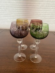STUNNING SET(4) VTG Multicolored Bohemian Grape Cut To Clear Wine Glasses 8.25″H
