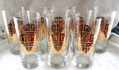 Set of 8 Culver-Type High Ball Glasses Decorated w/Gold Oritental SHOU Symbol