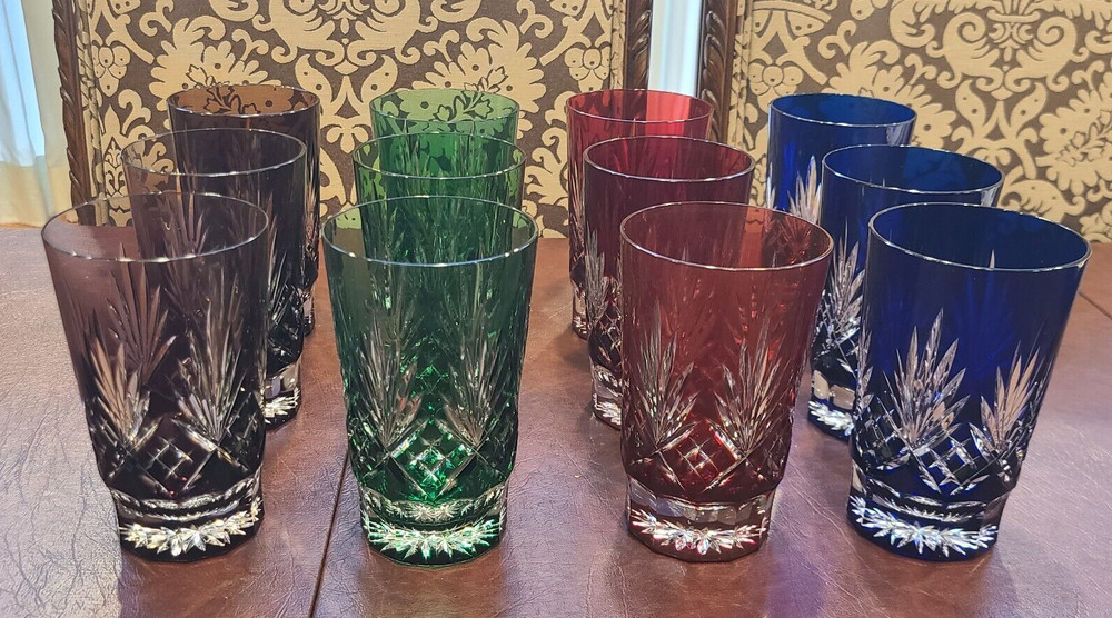 RARE VINTAGE SET OF 12 AJKA ODDESSA CUT TO CLEAR CRYSTAL COLLINS GLASS 5.25 IN