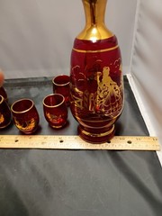 Red Glass Murano Gold Trim Bottle W/Five Glasses Courting Couple Venetian Attire