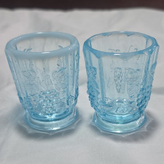 Unmarked Set of 2 Blue Pressed Glass Grape Pattern Shot Glasses