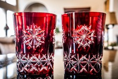 Set of 2 Waterford Snow Crystals Red Double Old Fashioned Glasses Tumblers