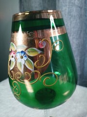Vintage Large Emerald Green Hand Painted Czech Bohemian Goblet Gold Rim Ornate