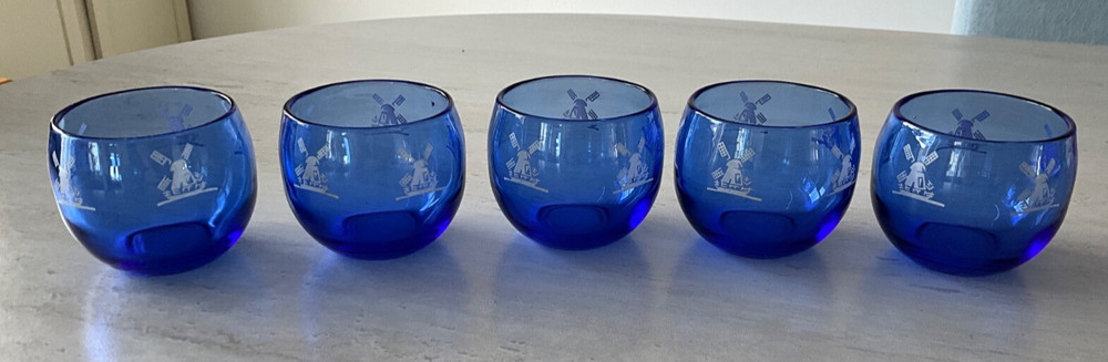 5 Hazel Atlas WINDMILLS Cobalt Blue 5-Ounce 2 1/2” Roly Poly Glasses Tumblers