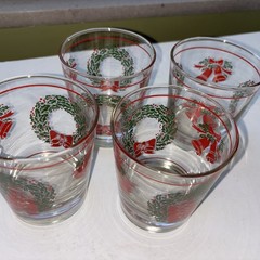 VTG Libby Christmas Holly Berry Ribbon Gold Rim Low Ball Glasses Set of 4 MCM