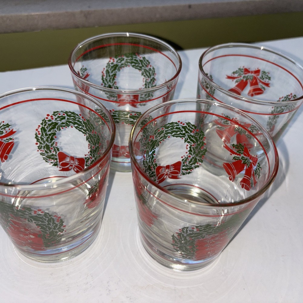 VTG Libby Christmas Holly Berry Ribbon Gold Rim Low Ball Glasses Set of 4 MCM