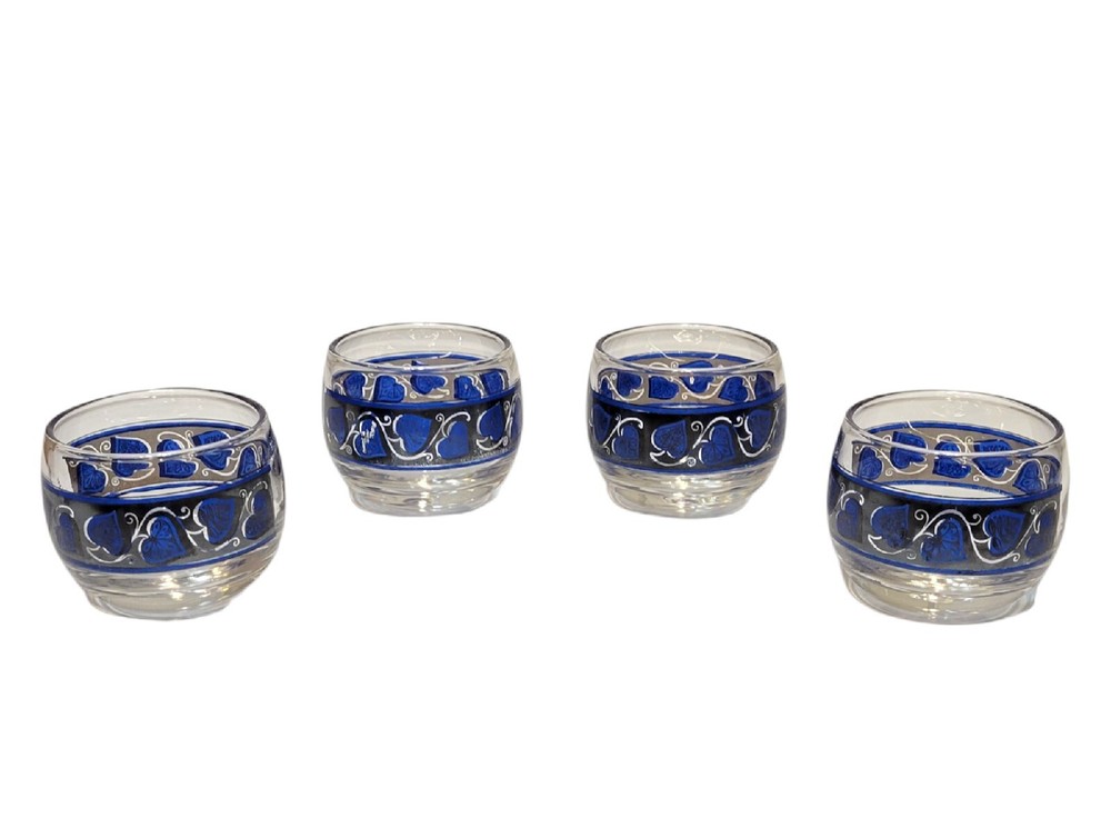 MCM Culver Silver & Blue Ivy Heart Sake Bar Glasses Set of 4