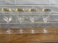 24K GOLD Cellini Beautiful Etched Blown Crystal WineGlasses Set of 4 Gold Trim