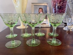 Tiffin Lotus Etched Uranium Glass Cordials / Cocktails Set 7 Look