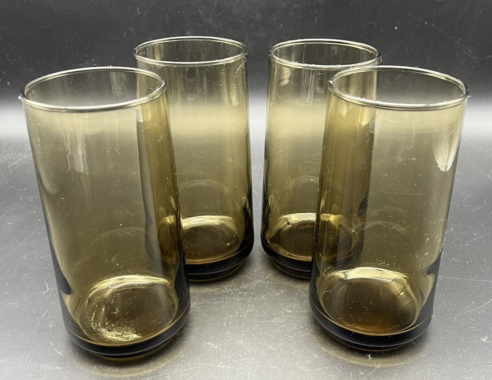 Set 4 Mid Century Modern Drinking Glasses Tumblers Iced Tea Smoke Amber Vintage